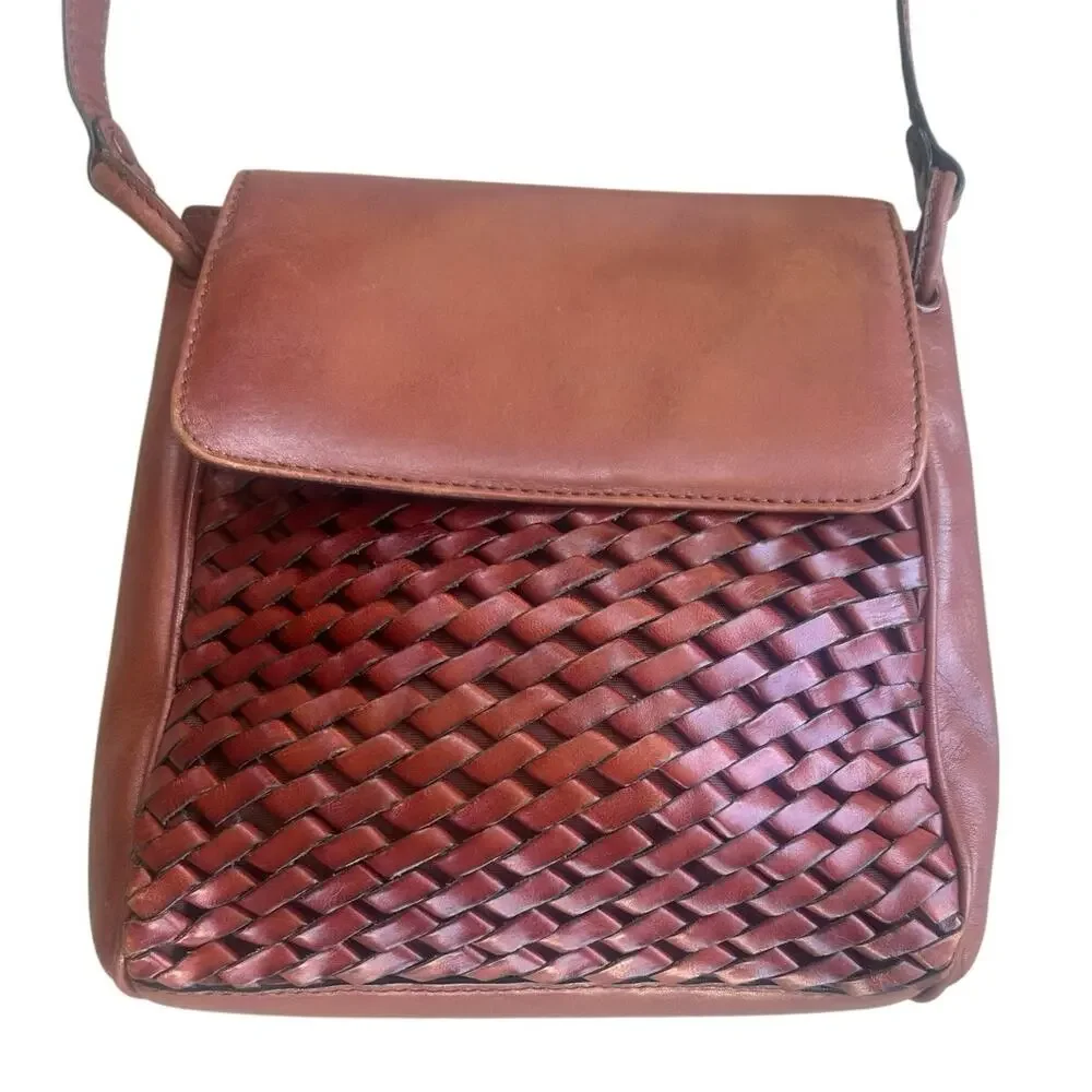 Genuine Leather Woven Crossbody Bag Brown Cognac Boho Vintage Shoulder Purse